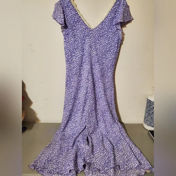 Vintage Lavender Floral Lace-Trim Women's Ruffle Maxi Dress Large - Picture 7 of 8